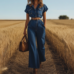 Women's Vintage Denim Wide Leg Elegance Cropped Pants