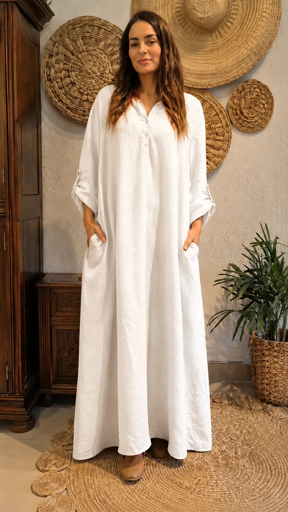 Boho Linen Blend Maxi Dress - Oversized Flowy Kaftan Style with Pockets & Button Detail