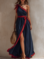 Vacation-Style Navy Blue One-Shoulder Slit Sleeveless Maxi Dress