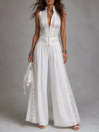 Retro Stand-Collar Tencel Wide-Leg Jumpsuit With Lace Trim