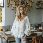 Women's Elegant Loose Comfortable Breathable Pleated Linen V-neck Puff Sleeve Top