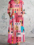 Women's V Neck Abstract Architectural Art Cotton and Linen Pocket Dress