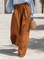 Cycladic Resort Blue Pinstripe Cotton Blouse Elastic High Waist Rust Linen Blend Wide Leg Two-Piece Set