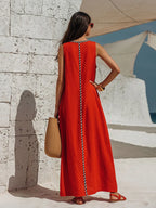 Vacation V-Neck Black And White Color Block Sleeveless Red Cotton-Linen Maxi Dress