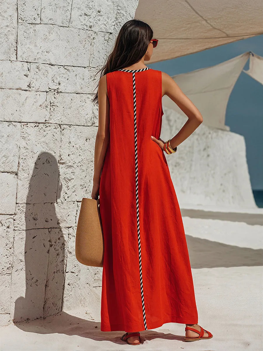 Vacation V-Neck Black And White Color Block Sleeveless Red Cotton-Linen Maxi Dress