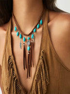 Ideal For Music Festivals Or Wilderness Shoots — Vintage Coffee Braided Leather & Turquoise Inlay Dynamic Feather Tassels Handcrafted Boho Chic Necklace
