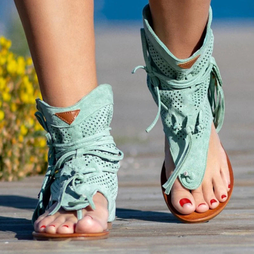 Western Cowgirl Outfit Women's Retro Bohemian Mesh Clip-toe Tassel High-top Roman Sandals