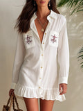 Resort-style Collared Long-sleeved Ruffled Embroidered Mini Dress
