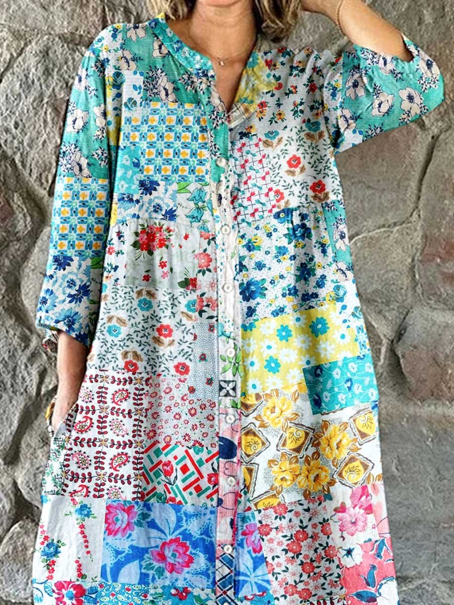 Damen Elegantes Hemdblusenkleid aus Baumwolle und Leinen mit Blumenmuster