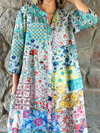 Damen Elegantes Hemdblusenkleid aus Baumwolle und Leinen mit Blumenmuster