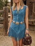 Suede Fringe Mini Dress With Button Front And Sleeveless Design