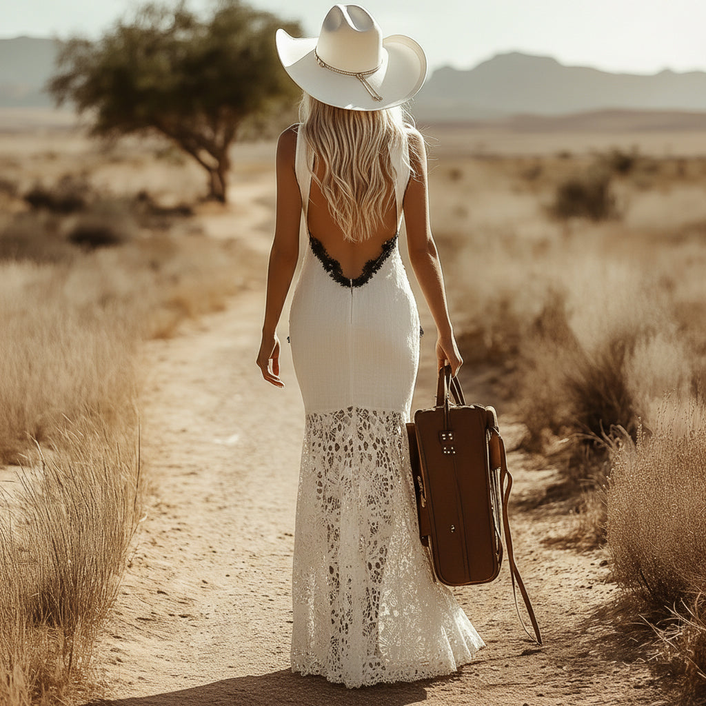Spring Outfits Elegant Retro Style Patchwork Lace White Cotton Linen Sleeveless Fishtail Maxi Dress