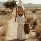 Spring Outfits Elegant Retro Style Patchwork Lace White Cotton Linen Sleeveless Fishtail Maxi Dress