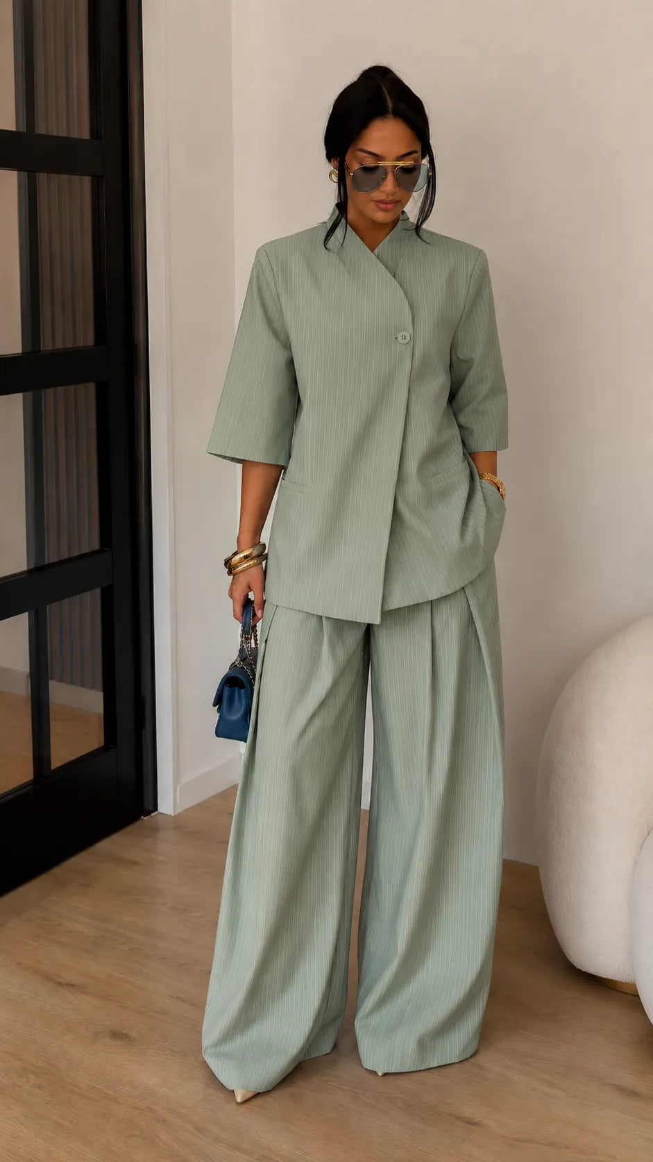 Minimalist Cross-Front Blazer Set - Oversized Linen Blend Jacket & High-Waisted Wide Leg Pants Co-ord