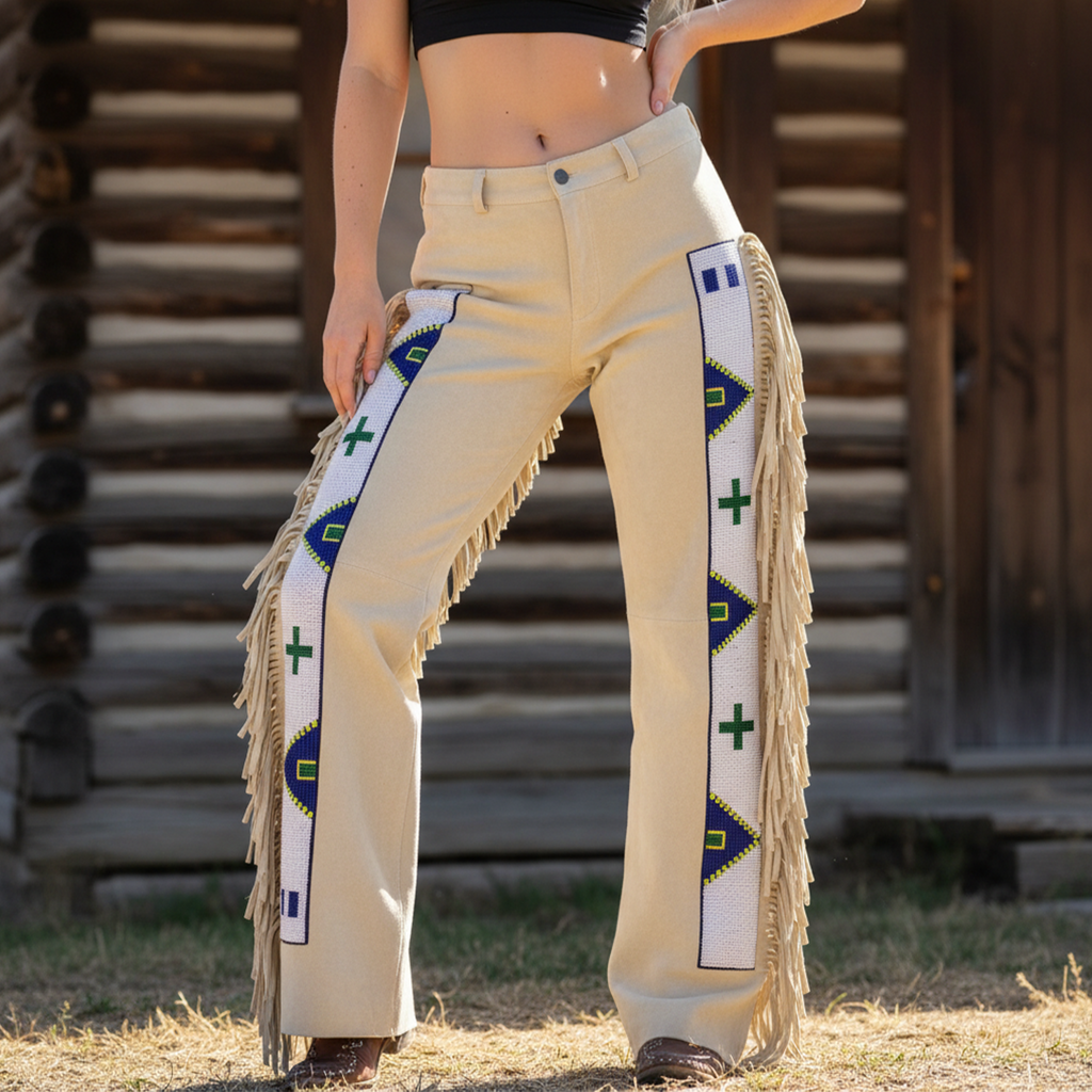 Women's Vintage Fringed Denim Pants With Embroidered Details
