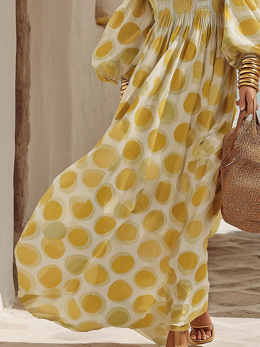 Resort-style Yellow Polka Dot Off-the-shoulder Chiffion Maxi Dress