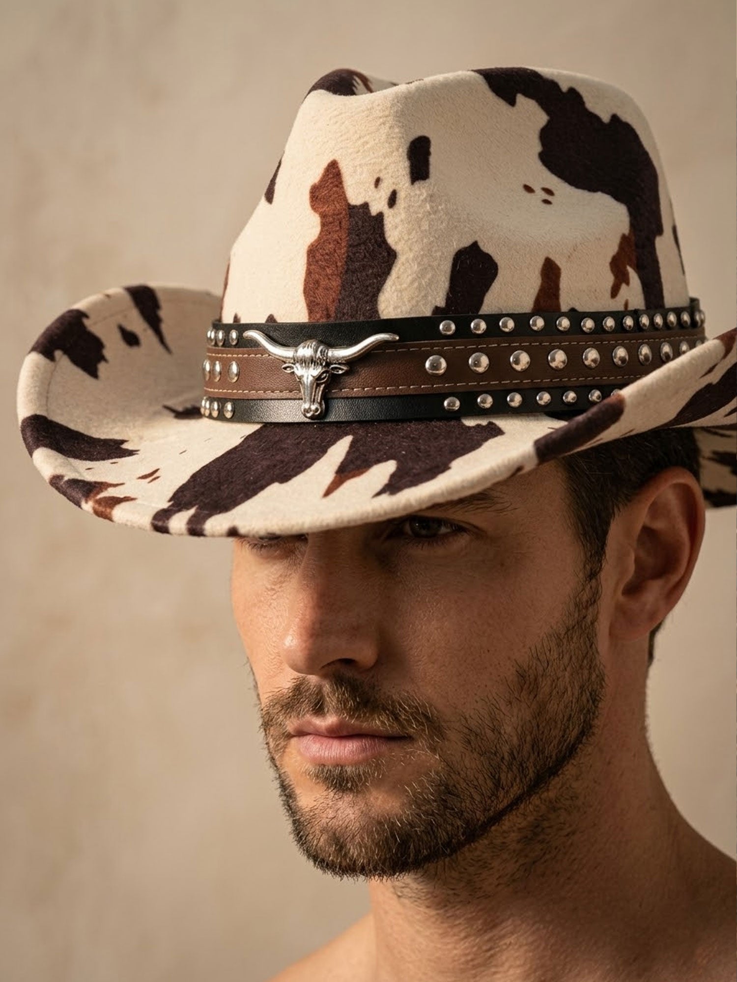 Cowboy Print Cowboy Hat for Men Women Vintage Western Studded Belt Fedora Hat with Longhorn Buckle