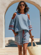 Vacation Short-sleeve Red-trimmed Blue Striped Cotton-linen Top And Shorts Set