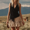 Faux Suede Fringe Sleeveless Top With Ruffled Skirt Set Women's Boho Western Style Outfit