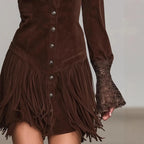 Suede Fringe Dress With Bell Sleeves And Button Front Design