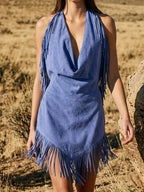 Faux Suede Fringe Dress With Halter Neckline And Deep V-Cut For Women