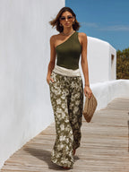 Tropical Beach Olive Rib Knit One Shoulder Spliced Waist Floral Wide Leg Two-Piece Set
