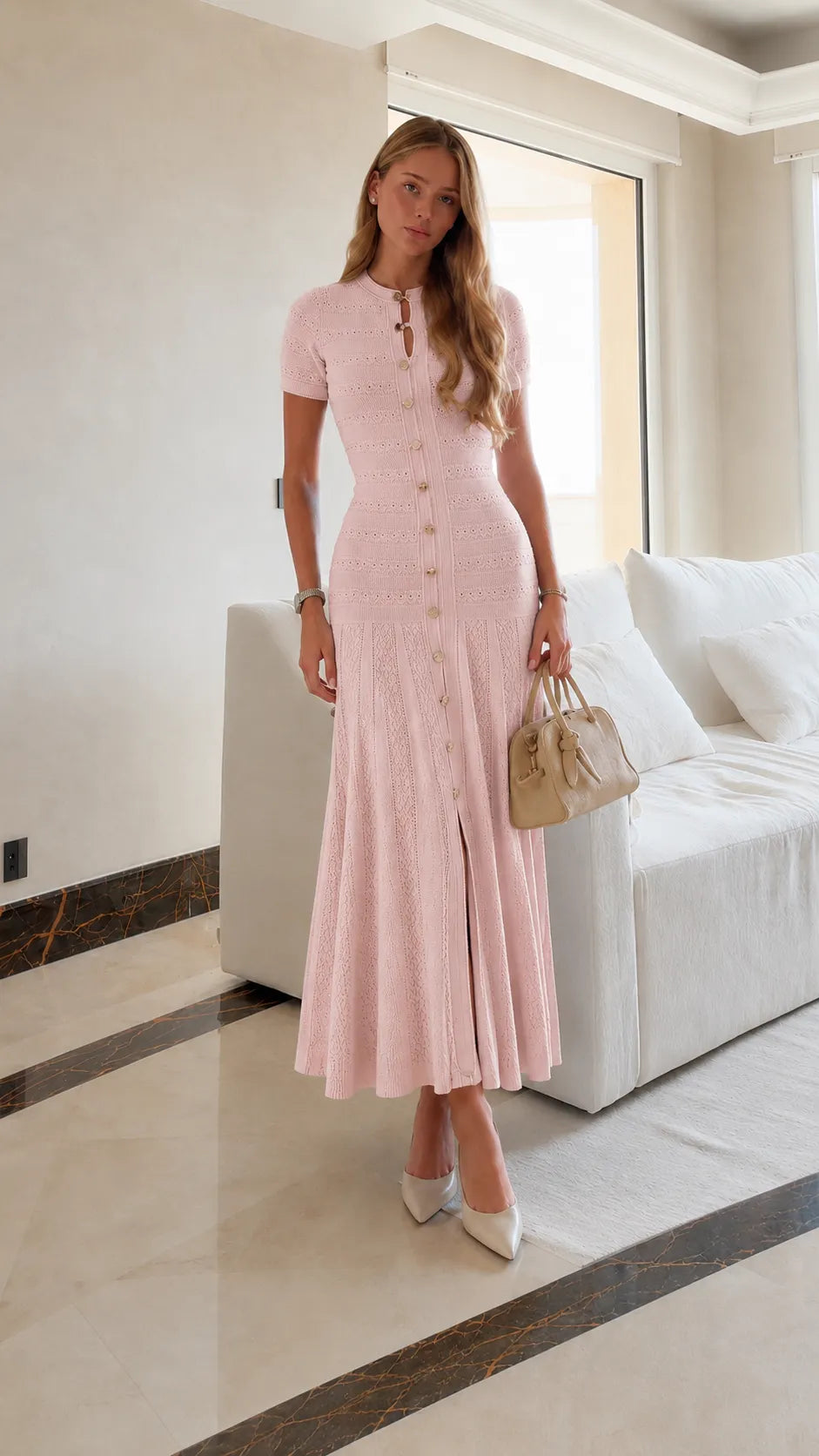 Elegant Ribbed Knit Midi Dress with Button Front & Side Slit - Casual Chic Summer Dress