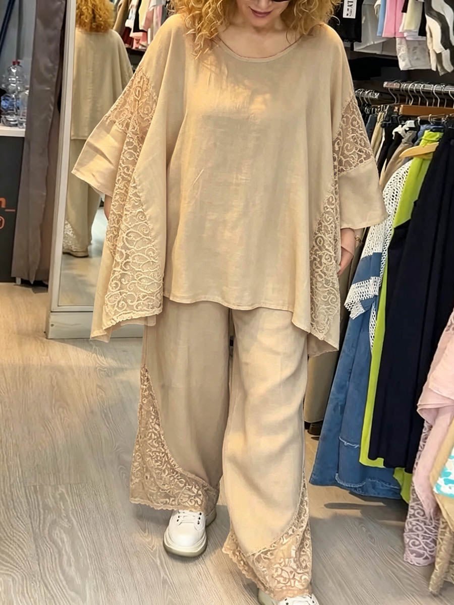 Women's Solid-color Cotton-linen Set: Round-neck Long-sleeve Loose-fit Top With Contrast Panels & High-waisted Wide-leg Pants