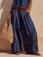 Relaxed Stylish Red Trim Navy Blue Tencel Wide-leg Set