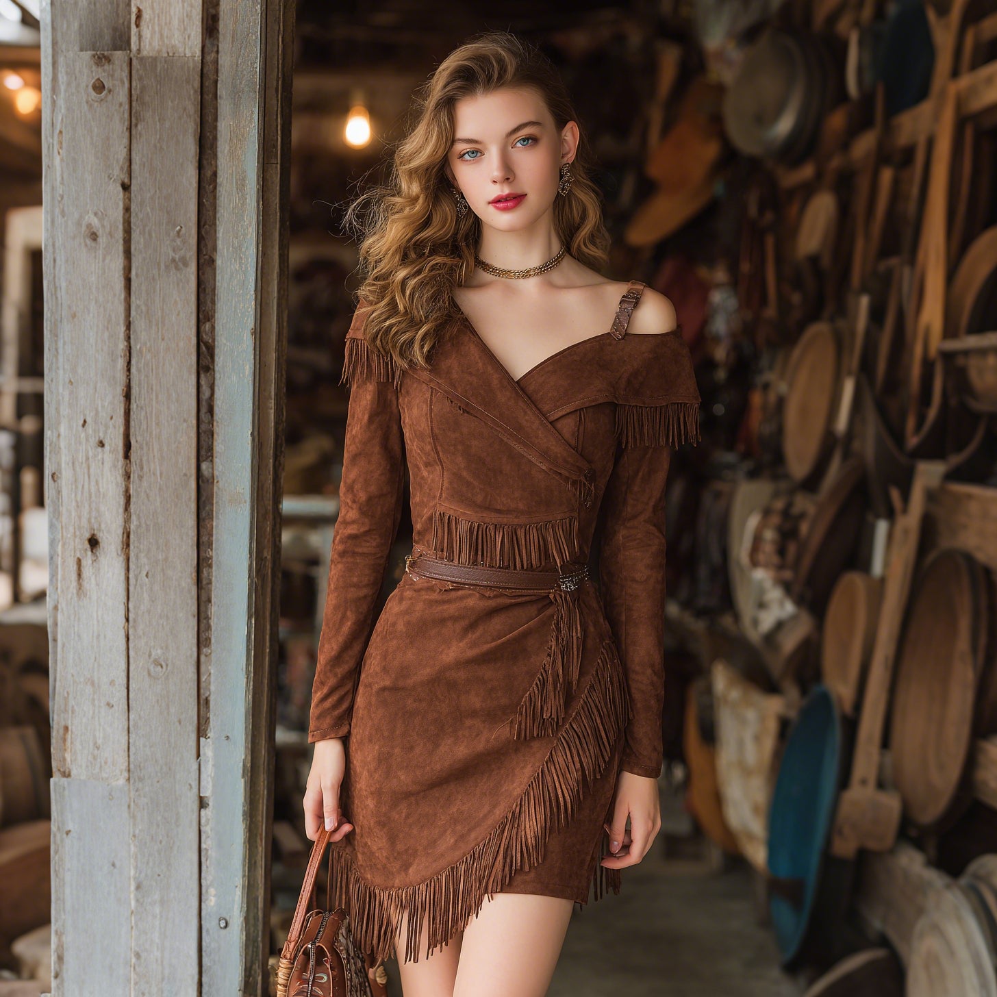 Women's Western Retro Suede V-neck Tassel Short Dress