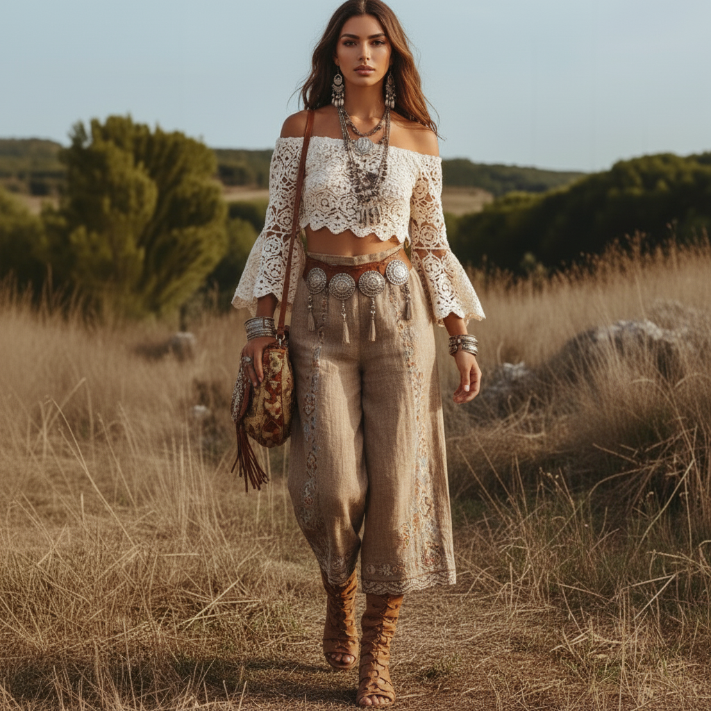 Openwork Lace Off-the-Shoulder Crop Top And Wide-Leg Pants Bohemian Western-Style Set