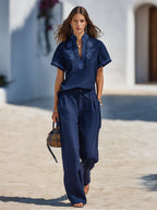 Resort-style V-neck Embroidered Short-sleeve Top And Trousers Set