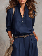 Retro-style High-end Elegant Half-open Long-sleeved Shirt And Wide-leg Trousers Set