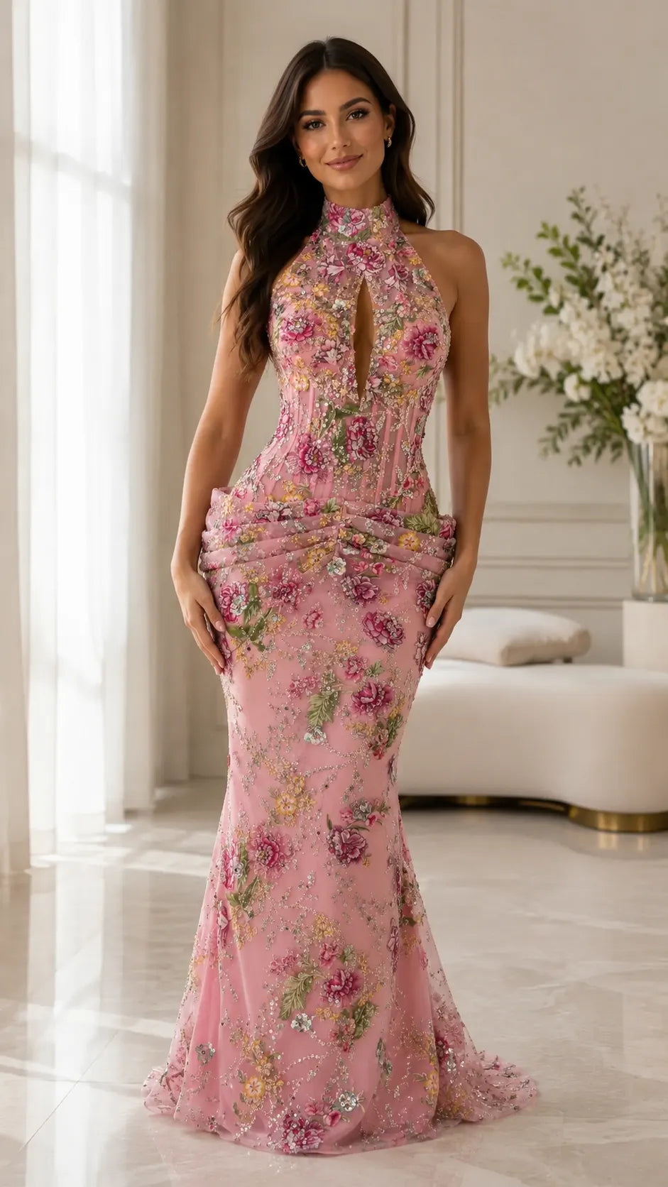 Floral Sequin Halter Mermaid Maxi Gown