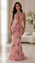 Floral Sequin Halter Mermaid Maxi Gown