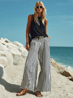 Casual Vacation Black Cotton Linen Sleeveless Vest And Black And White Vertical Striped Wide-Leg Pants Set