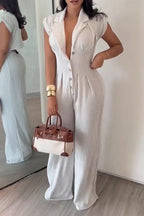 Women's Casual Lapel Button-Front Wide Leg Jumpsuit