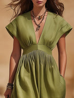 Minimalist Resort Linen Blend Solid Olive Green Deep V Cap Sleeve Gathered Waist Wide Leg Maxi Jumpsuit