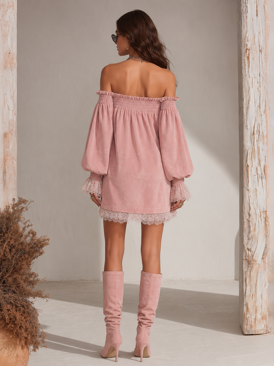 Retro-chic Off-shoulder Lace Trim Faux Suede Mini Dress