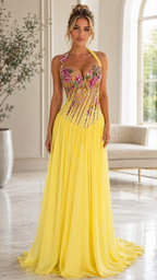 Floral Appliqué Halter Corset Evening Gown with Pleated Skirt