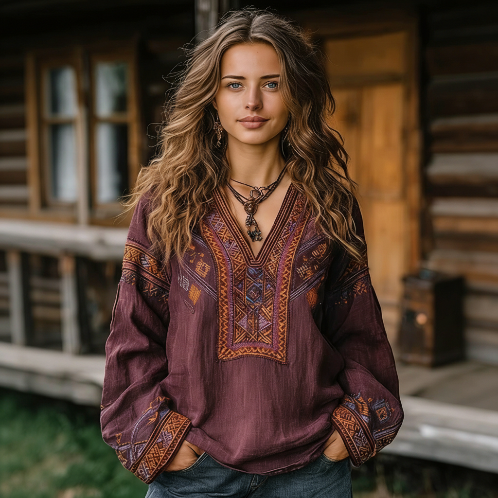Linen Bohemian Embroidered Top Women's Loose Long Sleeve Peasant Blouse Ethnic Vintage Style Summer Casual Shirt