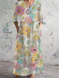 Women's V Neck Abstract Floral Art Cotton and Linen Pocket Dress