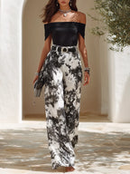 Resort-style Off-shoulder Short-sleeve Top And Printed Chiffon Trousers Set