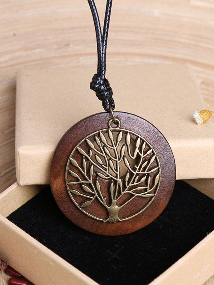 Damen Halskette im ethnischen Stil mit langen Kette aus Holz und Legierung