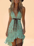 Western-Style Mini Dress — Mint Light Green Heavily Pleated Chiffon Deep V-Neck Floral Print Mini Dress With Belt, Shorter In The Front And Longer In The Back.