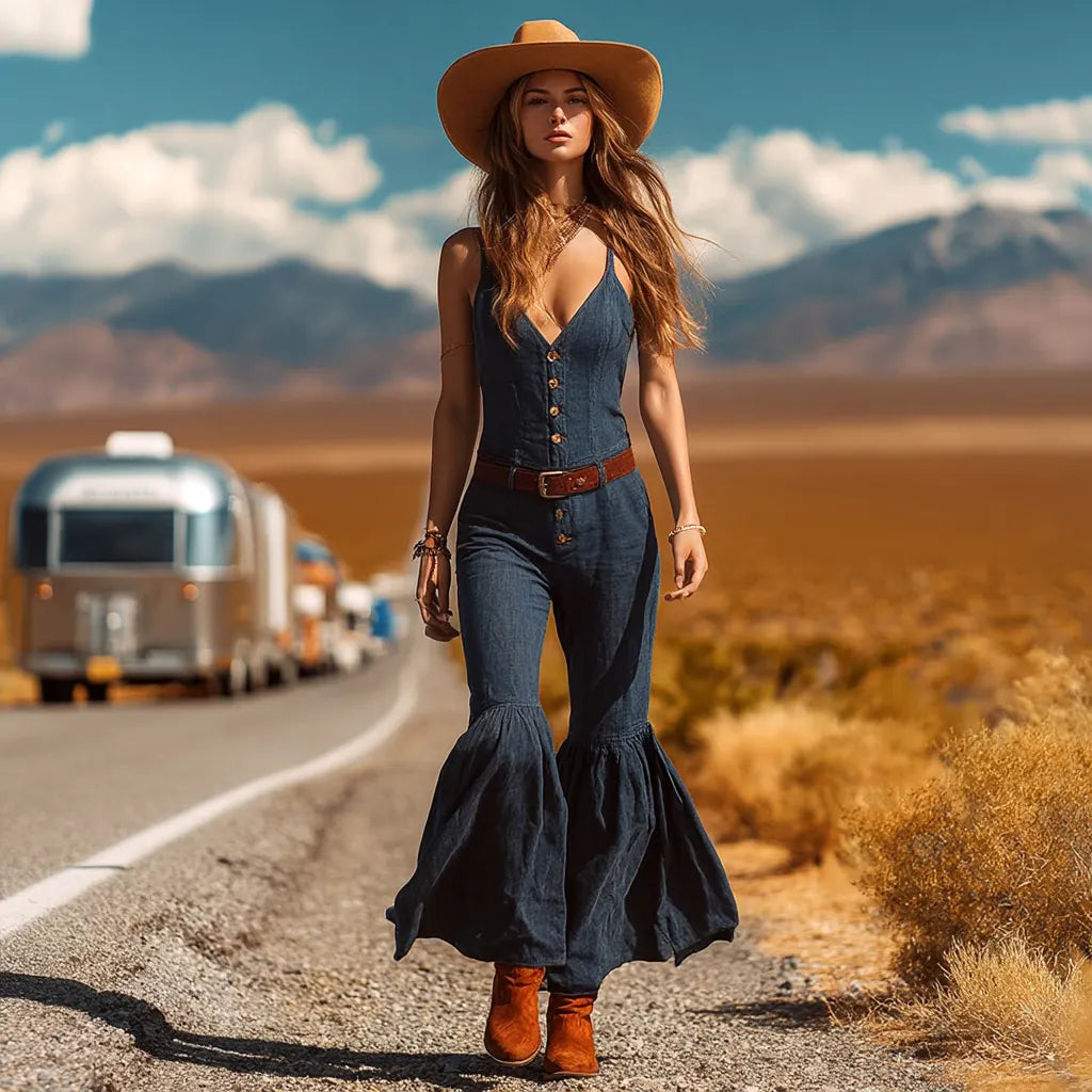 Women's Western Cowboy Style Outdoor Denim Jumpsuit With Flared Legs