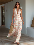 Vacation Style Pink Butterfly Print Halter Twist Front Flowy Maxi Dress