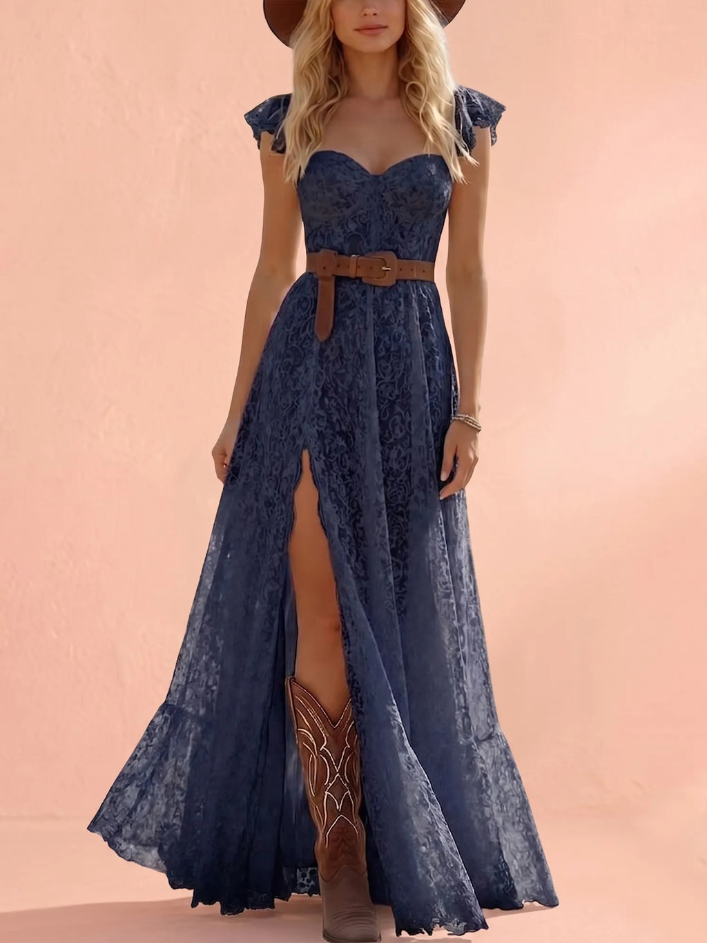 Western Maxi Dress — Midnight Navy All-Over Floral Lace High-Slit Belted Maxi Dress