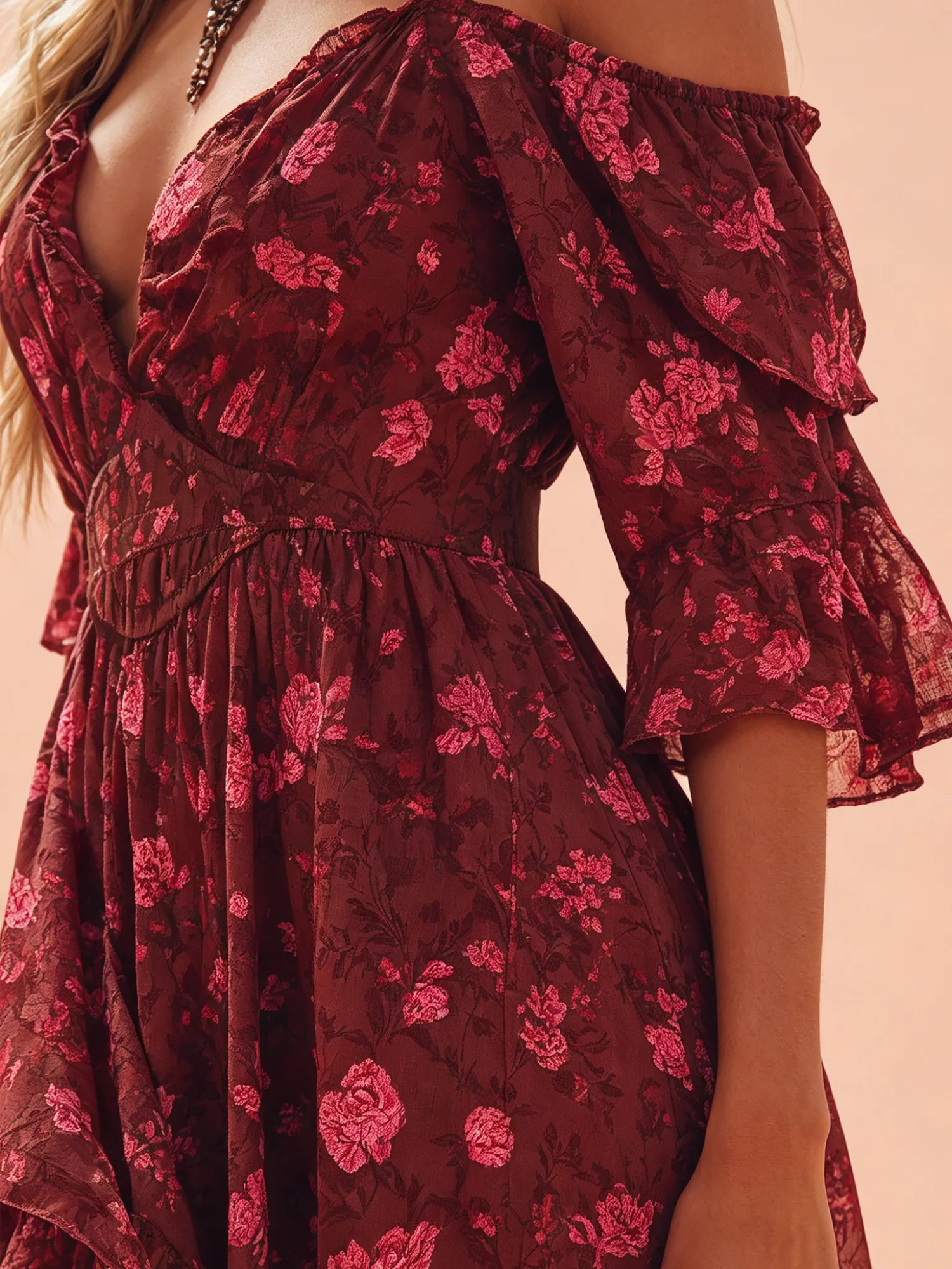 Western-Style Mini Dress — Crimson Agate Heavy-Duty Chiffon Off-The-Shoulder Deep V-Neck Floral Print Mini Dress, Shorter In The Front And Longer In The Back.