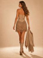 Ideal For Modern Rancher Party — Light Brown, Studded Belt Accent, Modern Western Style 2026 Spring/Autumn Women'S Suede Set (No Belt)